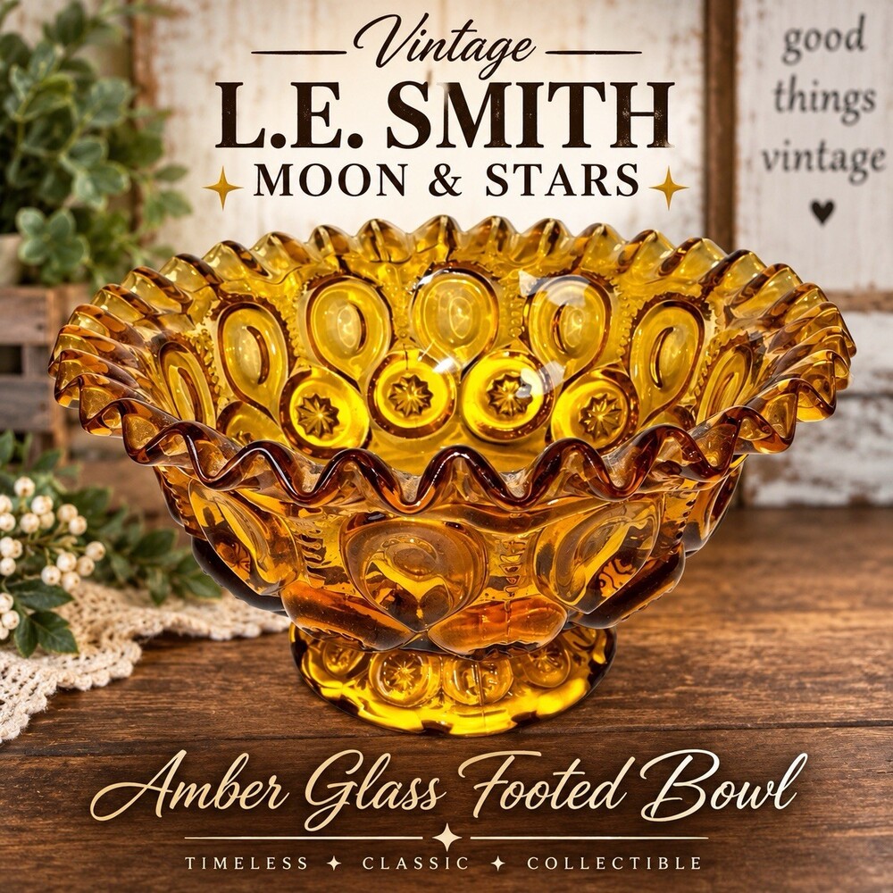 Vintage LE smith L E Moon & Stars amber glass ruffled pedestal footed bowl